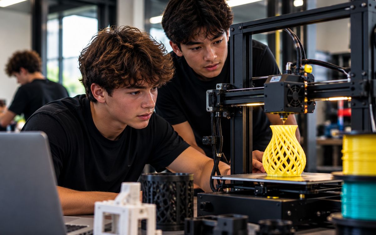 Two students watching a 3D printer build a yellow object