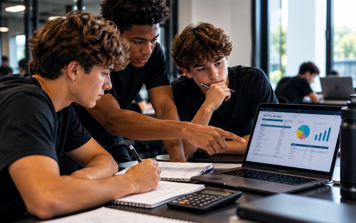 Students reviewing a monthly budget on a laptop