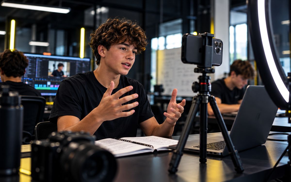 Student filming video content with a phone on a tripod