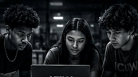 Three students working together on a laptop