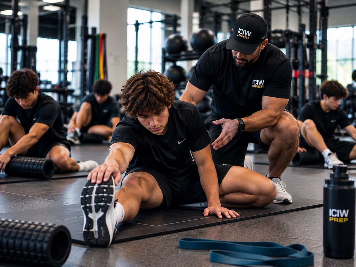 Coach guiding an athlete through a stretching routine