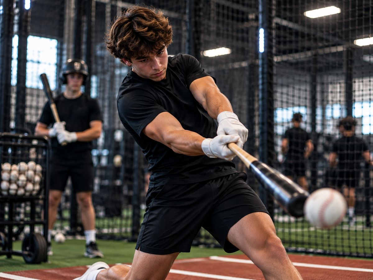 Baseball player swinging in a batting cage